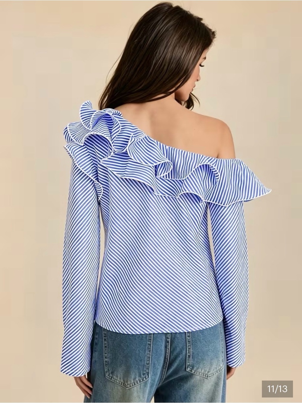 Striped Blue Off-the-Shoulder Ruffle Blouse - Picture 2 of 6